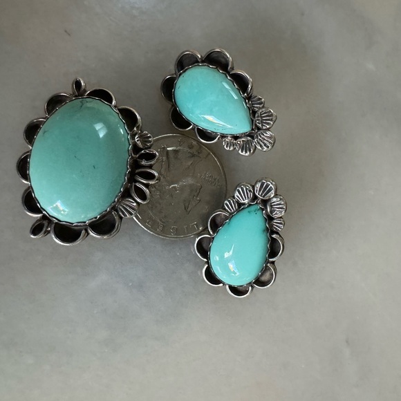 Native American earring and broach with sterling silver and turquoise - Picture 7 of 16